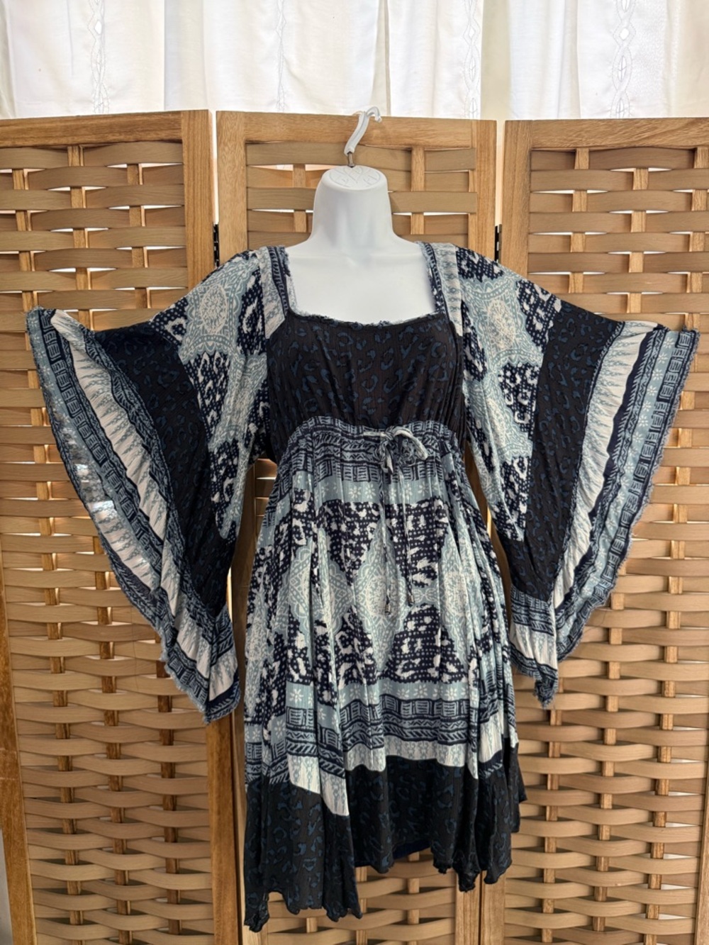 Free People Navy Light Blue & White Printed Boho Patchwork Kimono Sleeve Dress